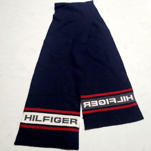 Tommy Hilfiger Accessories - Tommy Hilfiger Wool Logo Spellout Acrylic Navy Blue & Red Scarf 58in x 9in EUC